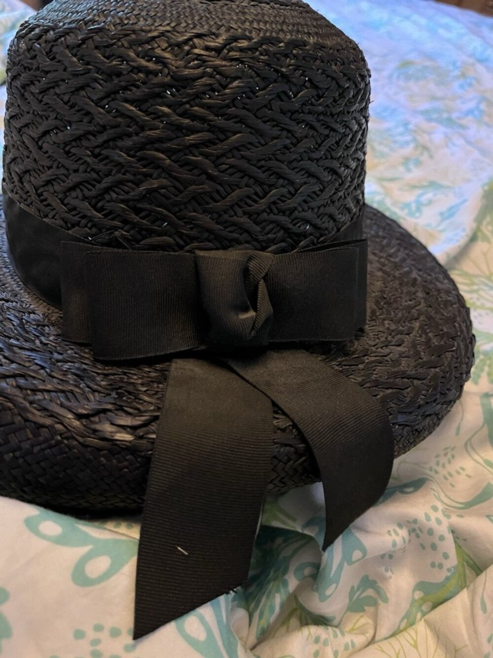 Talbots Hat Black Ecuador Straw Cloche Bucket Wide Brim Ribbon Bow Church Sz M